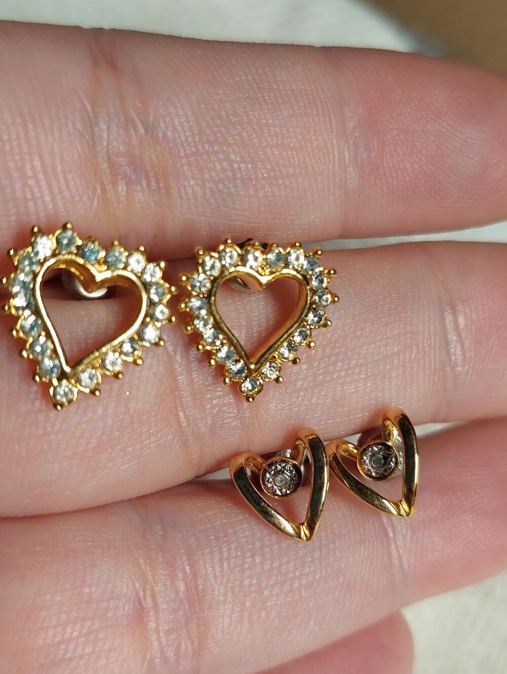 Set Of 2 Gold Heart Stud Earrings with Clear Crystals - Women's Jewelry